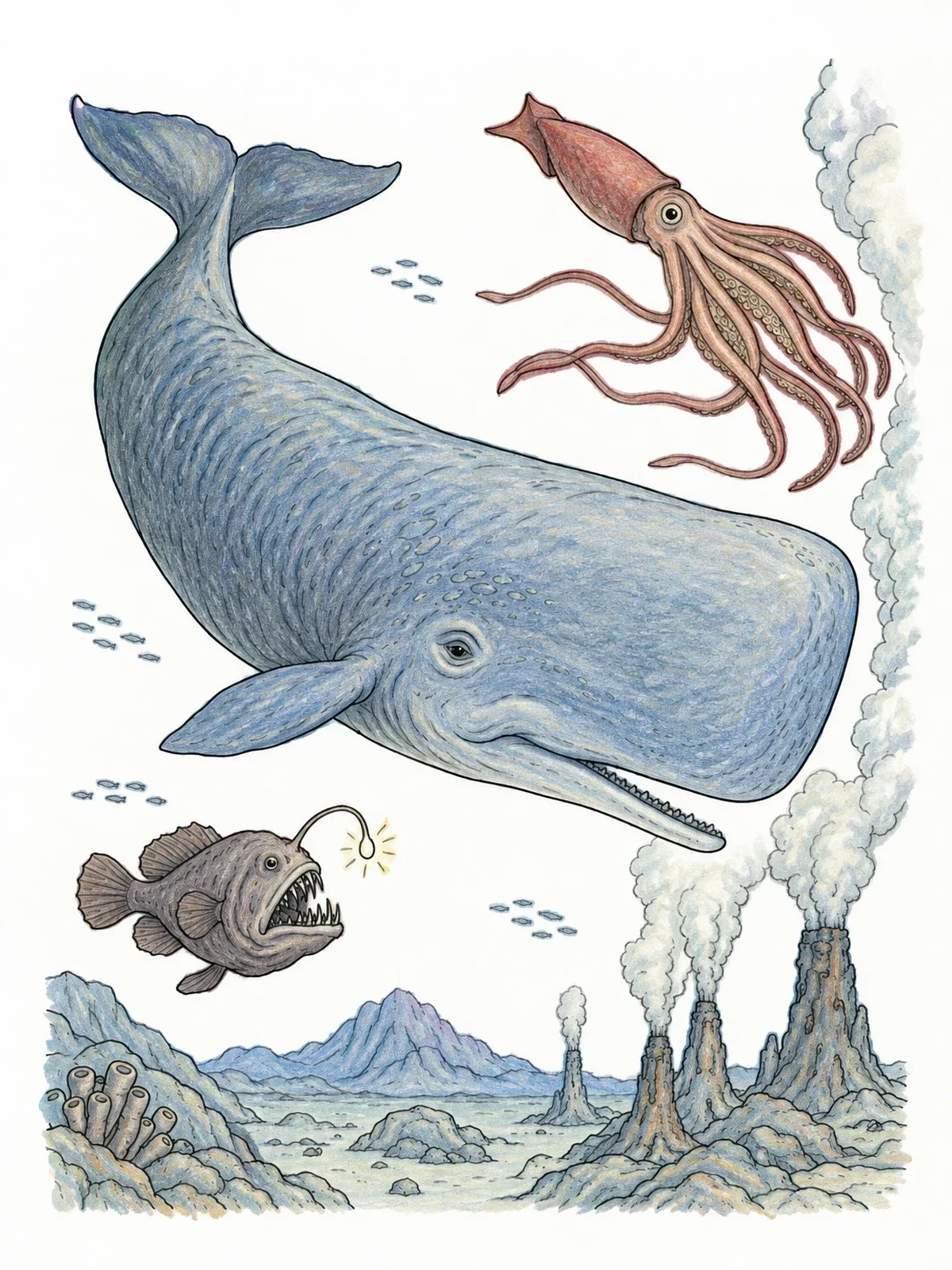 Colored example of the Deep Sea Sperm Whale And Squid coloring page