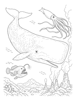 A detailed sperm whale coloring page featuring a giant squid and anglerfish above hydrothermal vents.