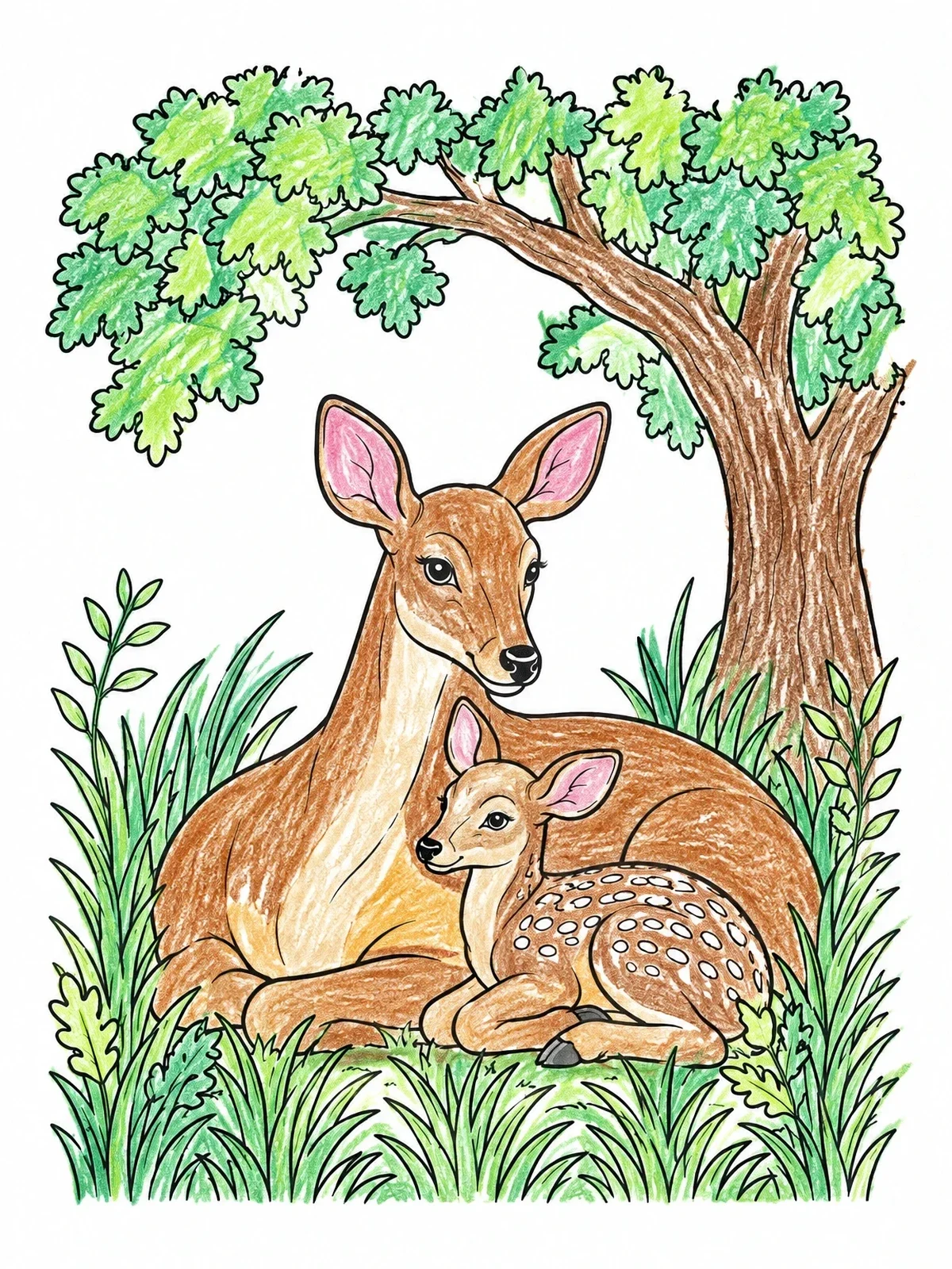 Colored example of the Deer And Fawn Resting Under Oak coloring page