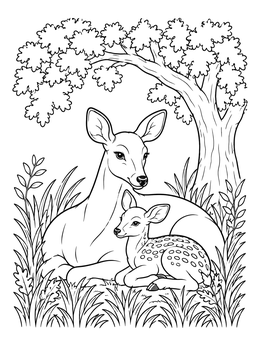 A mother deer and fawn rest peacefully in this oak tree coloring page.