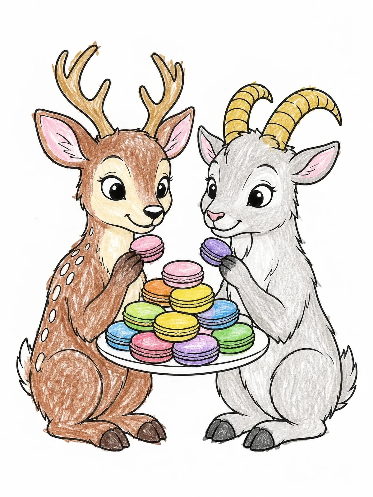 Colored example of the Deer And Goat Sharing French Macarons coloring page
