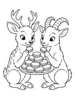 Free printable Deer And Goat Sharing French Macarons coloring page