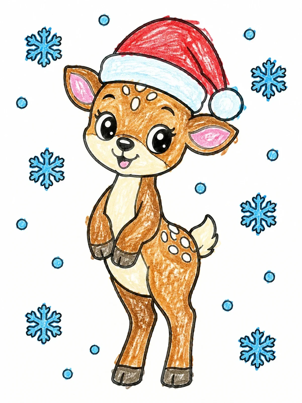 Colored example of the Cute Baby Fawn In Santa Hat coloring page