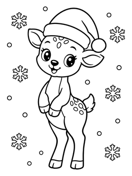 A cheerful baby fawn wearing a Santa hat stands in falling snow on this deer coloring page.