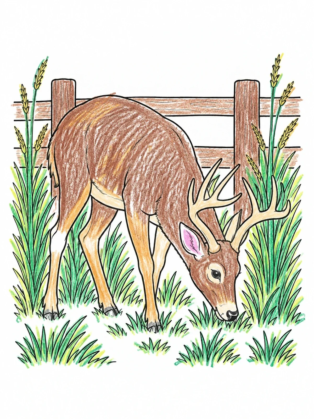Colored example of the Buck Grazing Near Wooden Fence coloring page