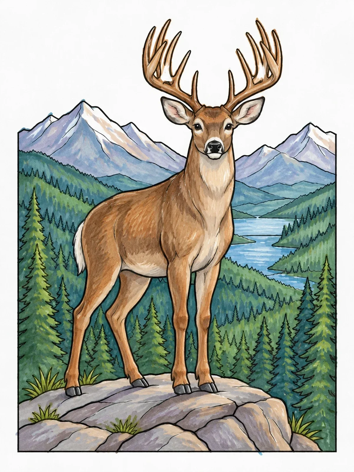 Colored example of the Buck Overlooking Mountain Forest Valley coloring page