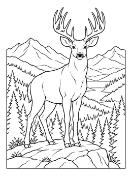 A proud buck in nature on this detailed deer coloring page with mountain peaks.