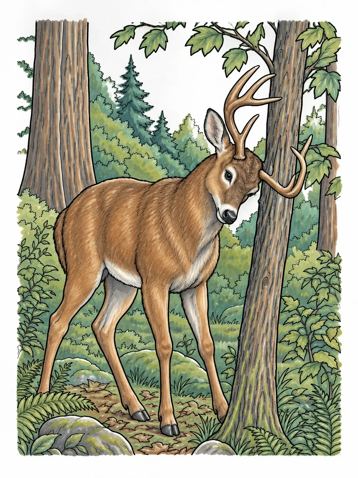 Colored example of the Buck Rubbing Antlers On Tree coloring page
