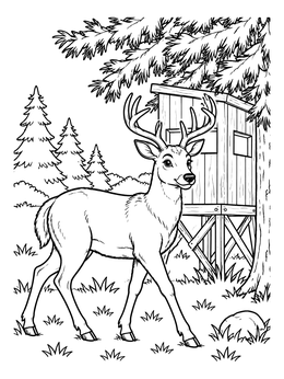 A friendly buck strolls through pine trees in this detailed deer coloring page.