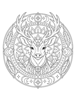 Intricate stag portrait framed by moons and stars on a deer coloring page.