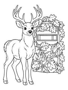 A friendly buck stands beside a camouflaged shelter in this deer coloring page.