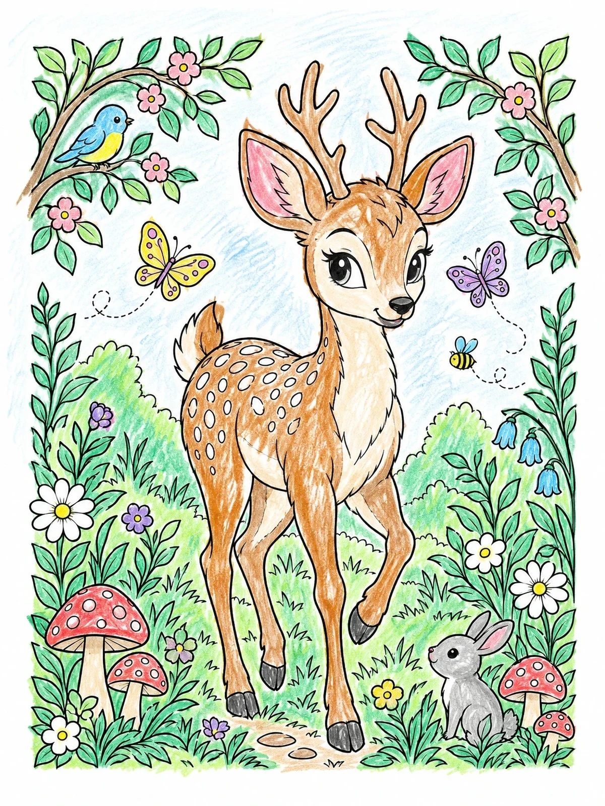 Colored example of the Cute Fawn In The Forest Meadow coloring page
