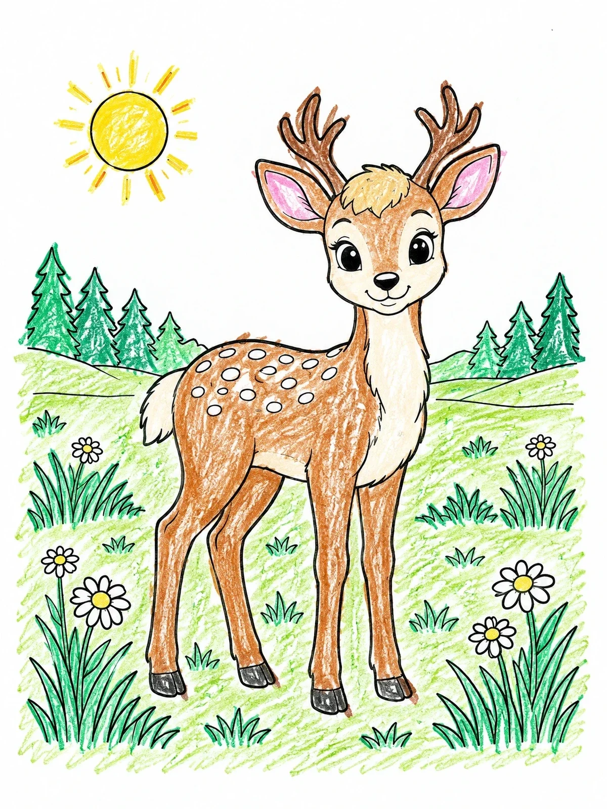 Colored example of the Cute Fawn In Sunny Meadow coloring page