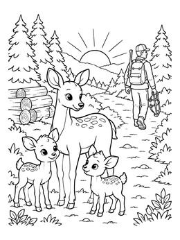 A mother deer and two fawns stand in the forest on this deer coloring page.