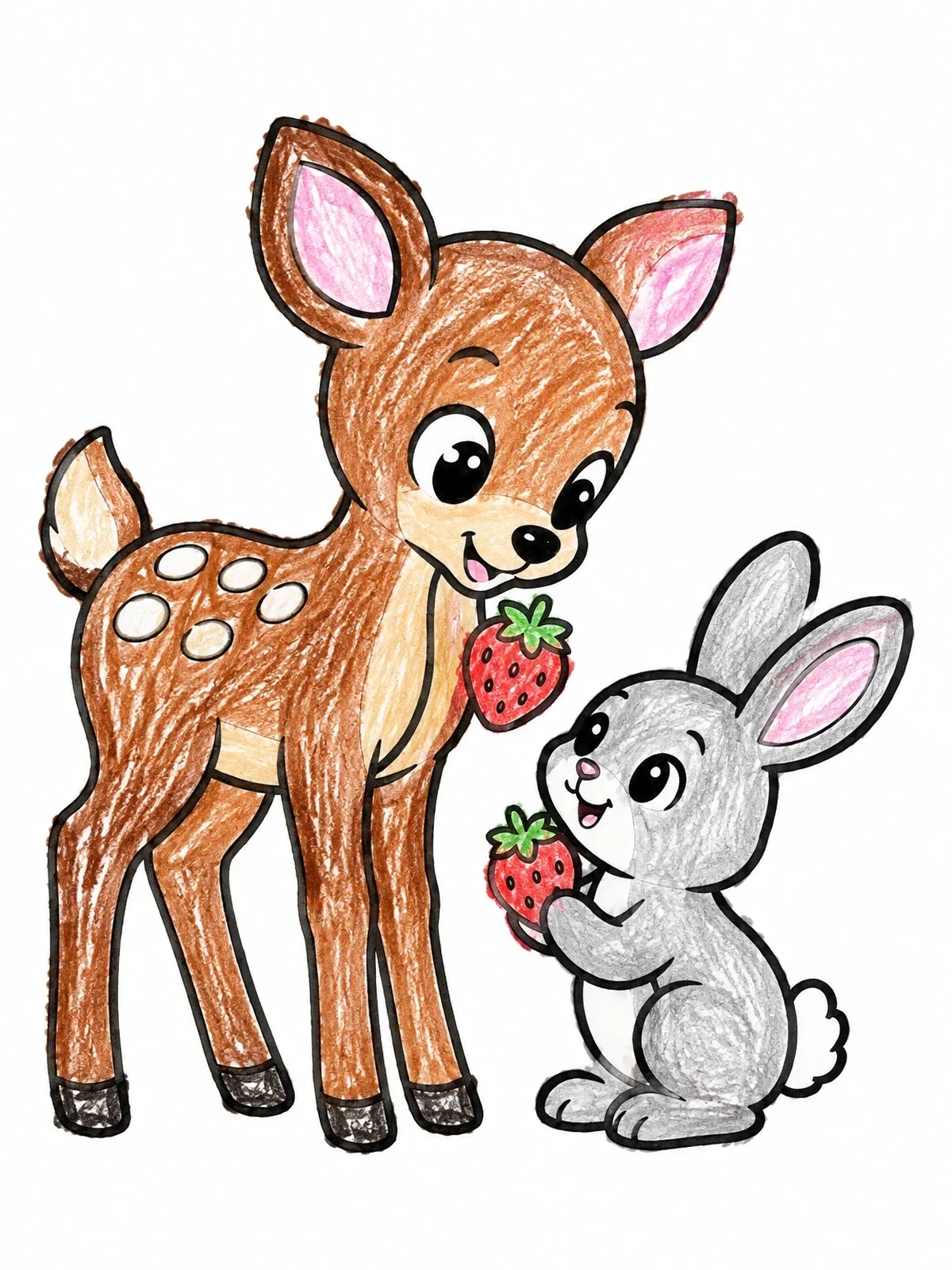 Colored example of the Fawn And Bunny Sharing Strawberries coloring page