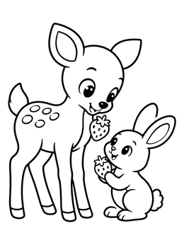 A sweet deer coloring page featuring a cute baby fawn sharing strawberries with a little bunny.