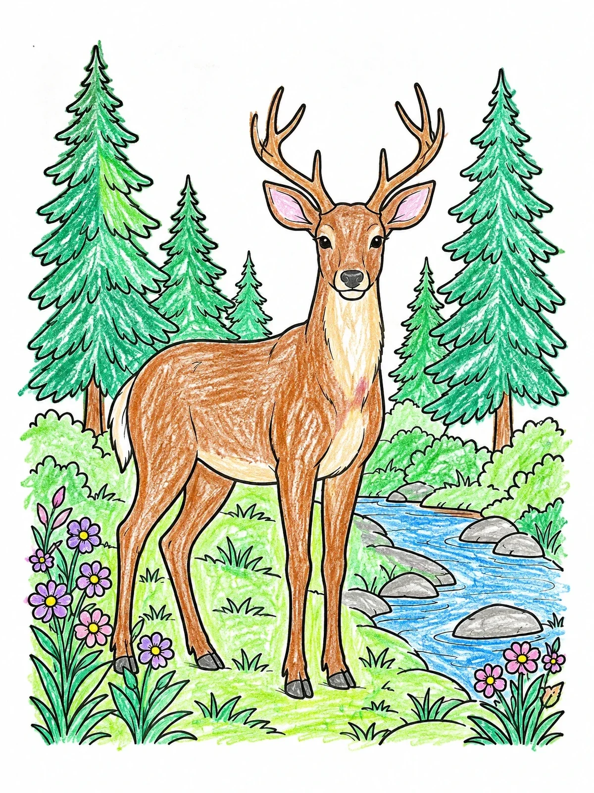 Colored example of the Deer By A Forest Stream coloring page