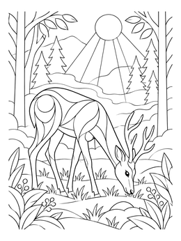A peaceful deer grazes in a forest clearing in this sunbeam coloring page.