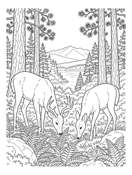 Two deer graze peacefully in this pine forest coloring page with scenic mountain views.