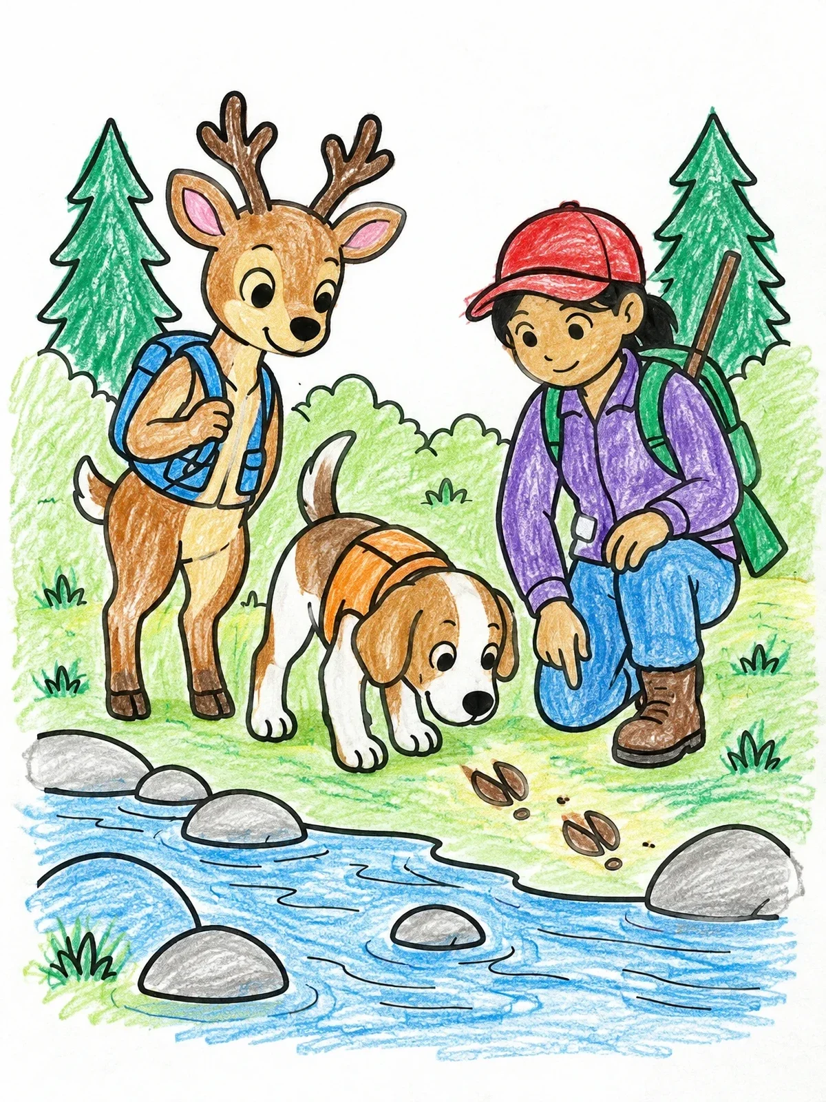 Colored example of the Friendly Deer, Hunter, And Puppy By The Creek coloring page