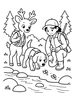 A hiker, dog, and friendly deer examining tracks by a stream in this deer coloring page.