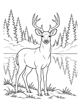 A deer coloring page showing a stag standing near a calm lake with pine reflections.