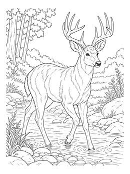 A detailed deer coloring page showing a buck stepping through a rocky forest creek.