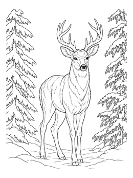 A detailed deer coloring page showing a buck standing between snowy evergreen trees.