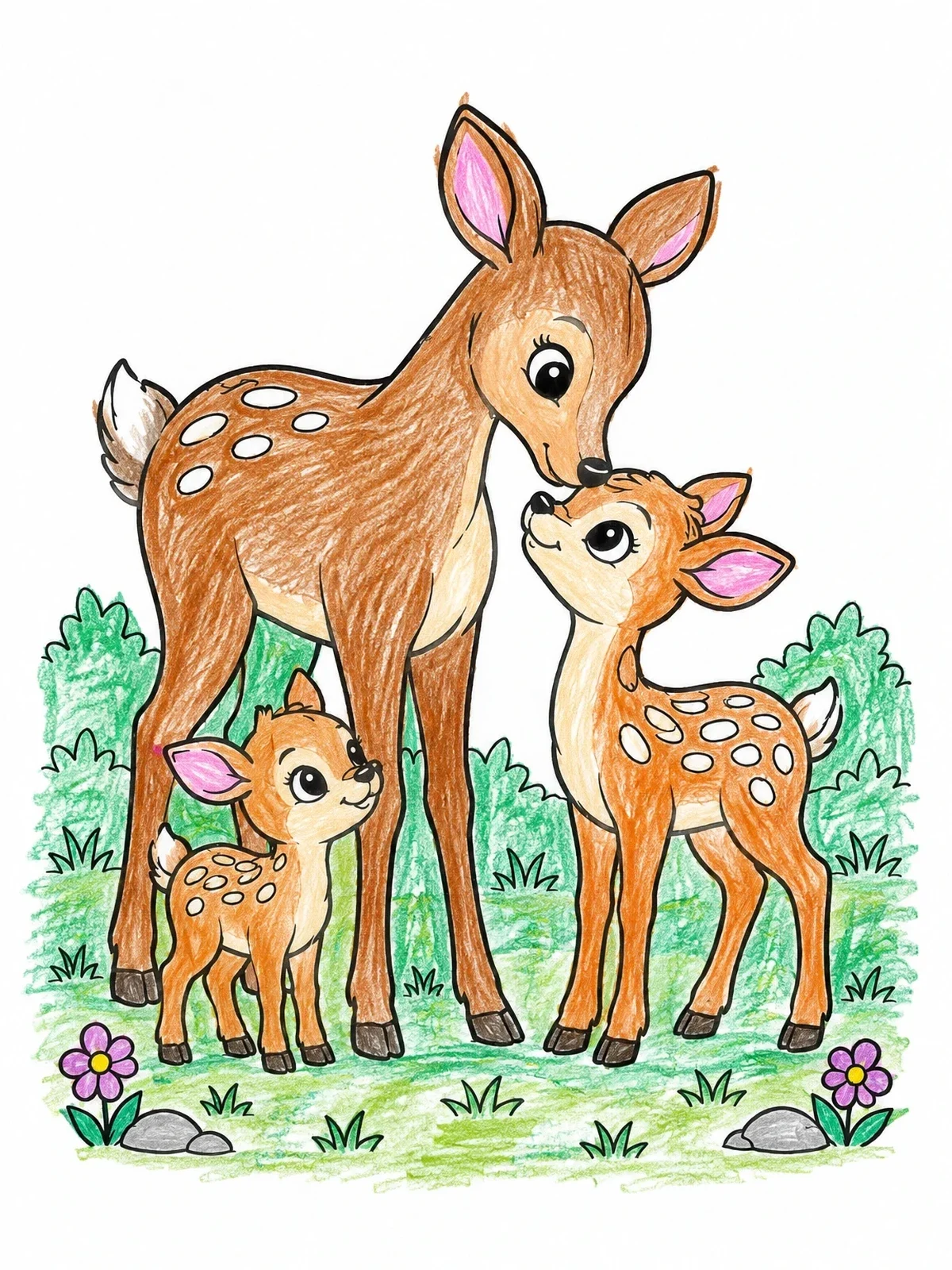 Colored example of the Mother Doe And Fawns In Meadow coloring page
