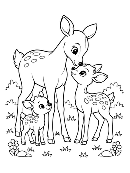 A gentle deer coloring page featuring a doe nuzzling her fawn with a baby nearby.