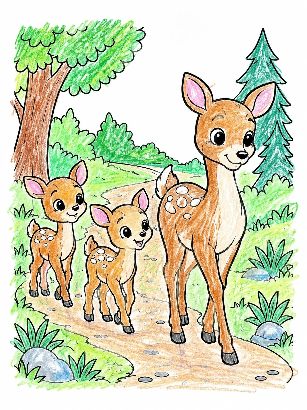 Colored example of the Mother Doe With Two Fawns coloring page