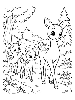 A mother deer leading two cute fawns along a path in this deer coloring page.