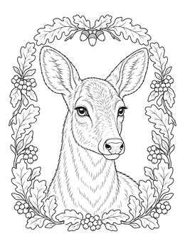 Detailed deer coloring page featuring a doe framed by oak leaves, acorns, and berries.