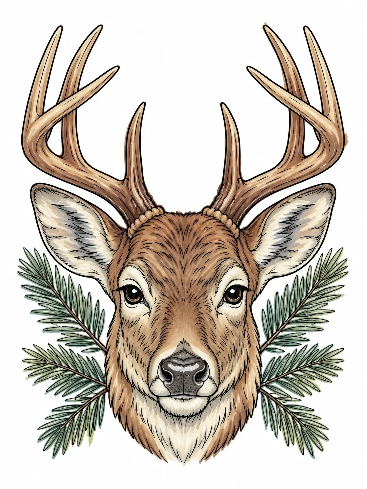 Colored example of the Realistic Stag Portrait With Pine Needles coloring page