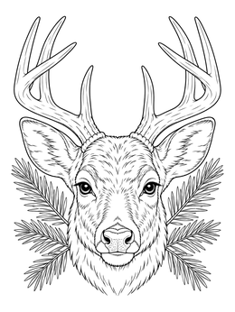 A detailed deer coloring page showing a stag portrait framed by evergreen pine needles.