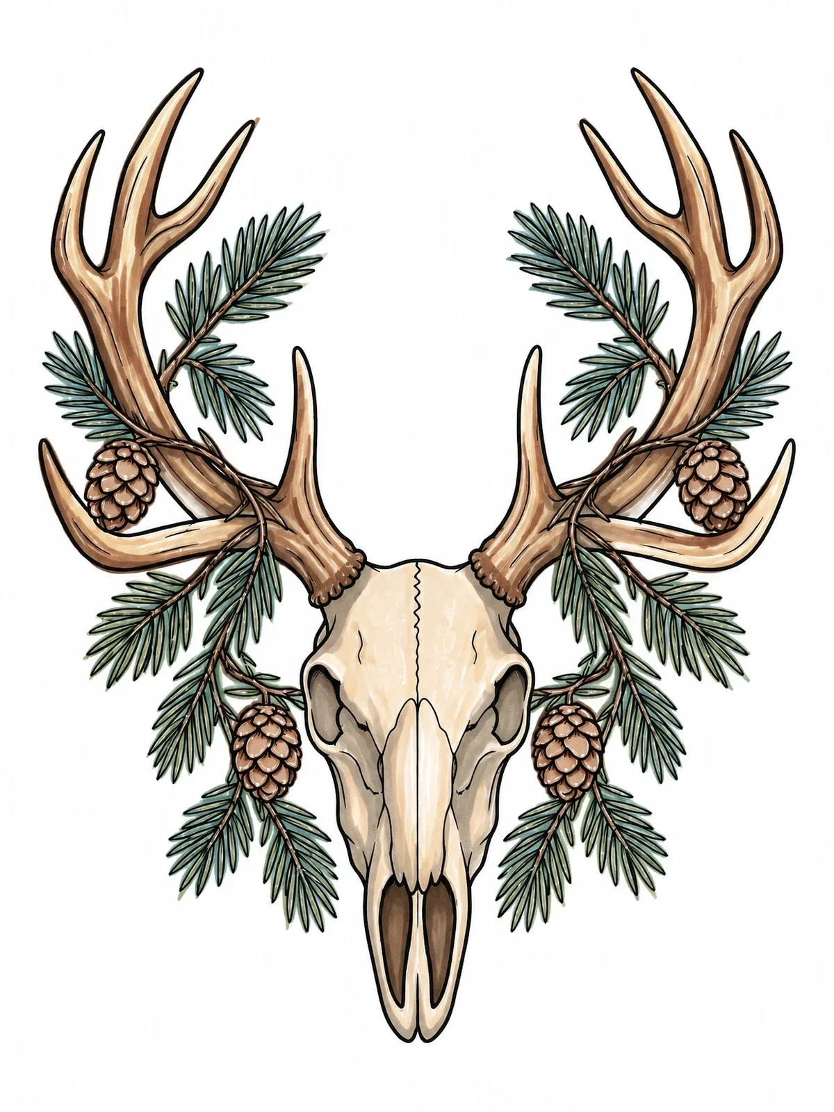 Colored example of the Deer Skull With Pine Branches coloring page