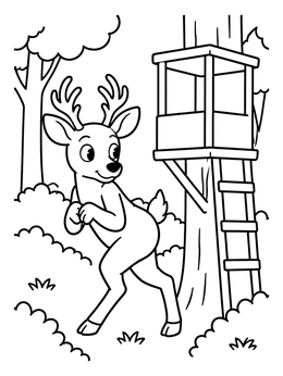 A cartoon buck tiptoes near a wooden lookout in this deer coloring page.