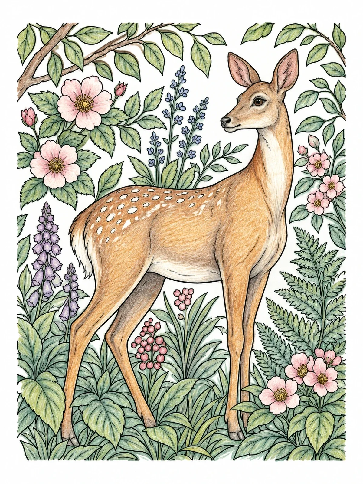 Colored example of the Spotted Doe In Blooming Woodland coloring page