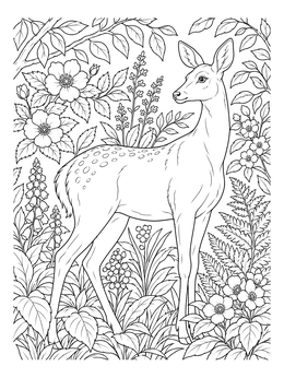Detailed deer coloring page featuring an alert doe surrounded by lush botanical flora.