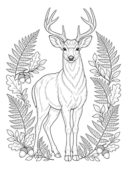 A detailed deer coloring page showing a buck framed by ferns, oak leaves, and acorns.
