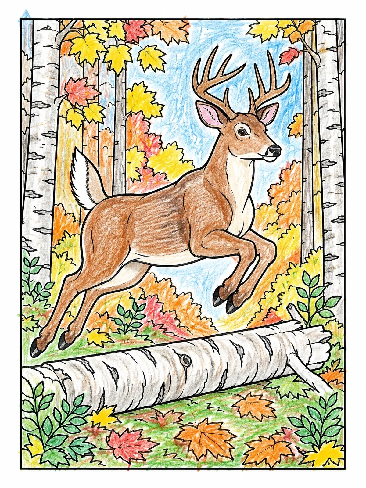 Colored example of the Whitetail Buck Leaping Over Fallen Log coloring page