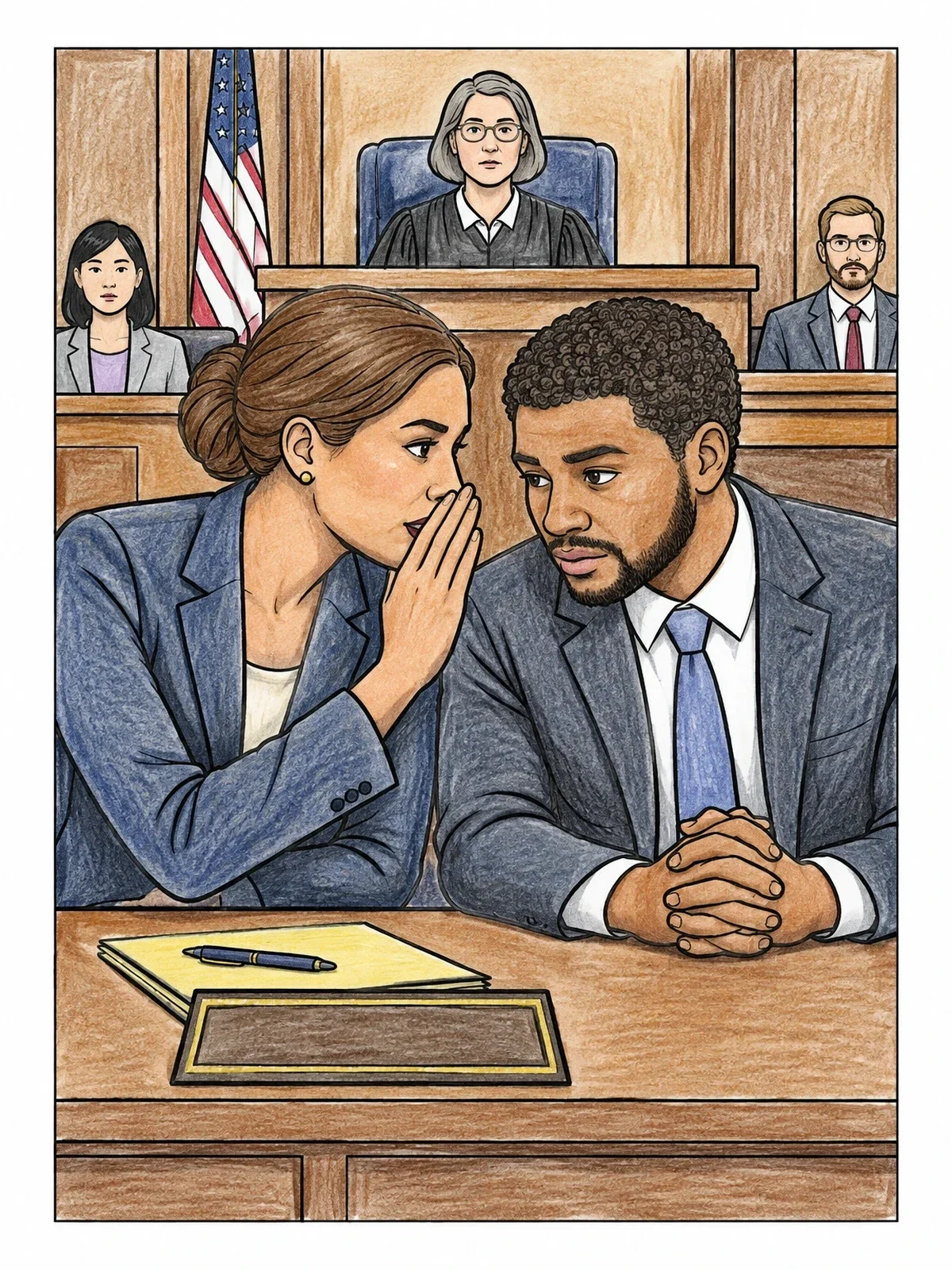 Colored example of the Defense Lawyer Whispering To Client coloring page