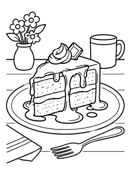 A tasty cake coloring page featuring a slice with dripping frosting, a fork, and flowers.