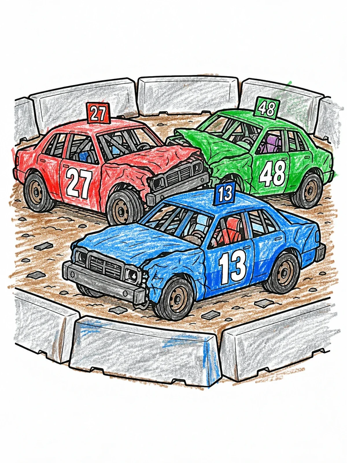 Colored example of the Demolition Derby Arena Pileup coloring page