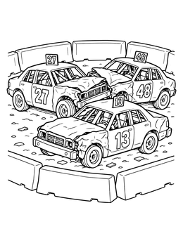 A detailed derby car coloring page featuring three numbered, dented stock cars crashing in a dirt ring.