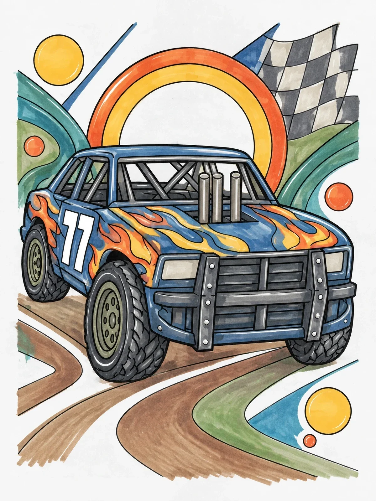 Colored example of the Reinforced Demolition Derby Car coloring page