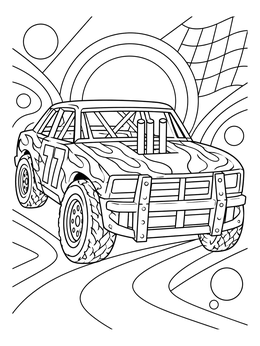 A reinforced derby car coloring page featuring vertical exhaust pipes and flame patterns.