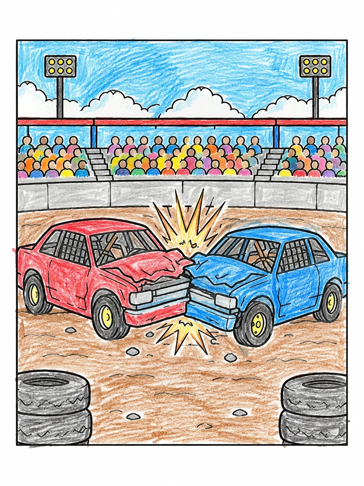 Colored example of the Demolition Derby Cars Crashing In Arena coloring page