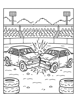 Two stock cars collide in this derby car coloring page set in a packed stadium arena.