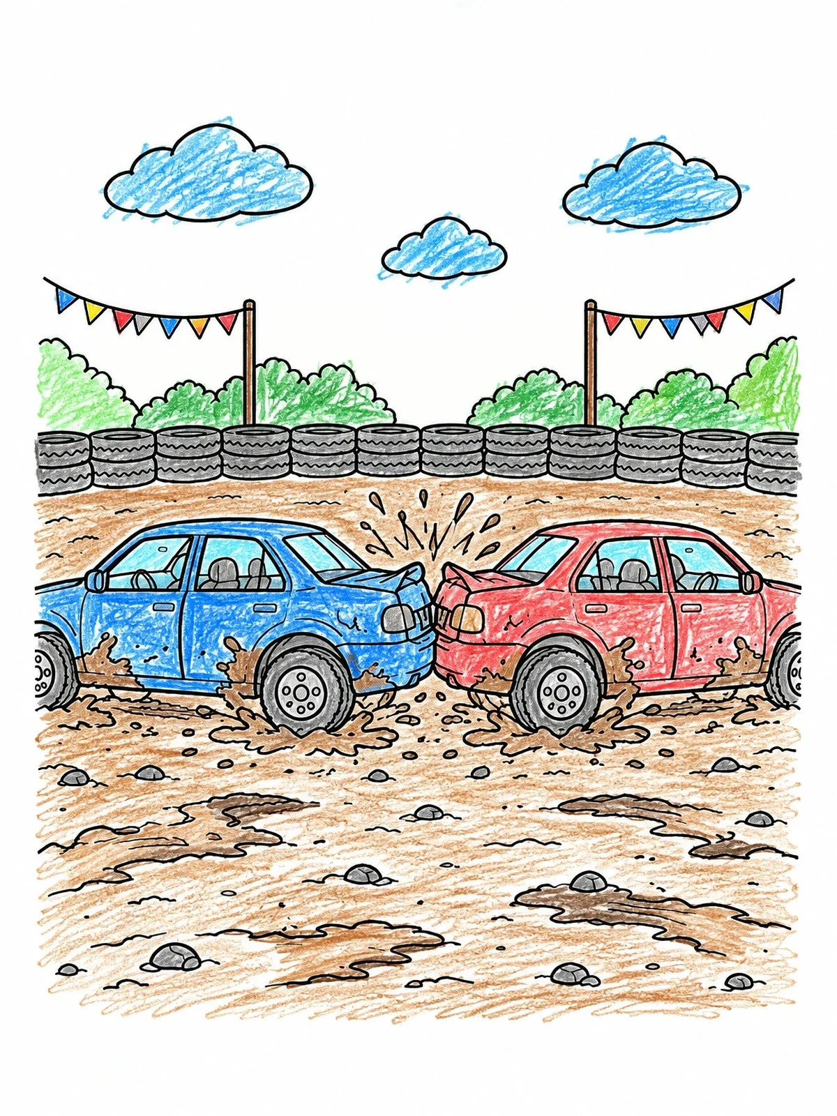 Colored example of the Demolition Derby Cars Crashing Trunks coloring page